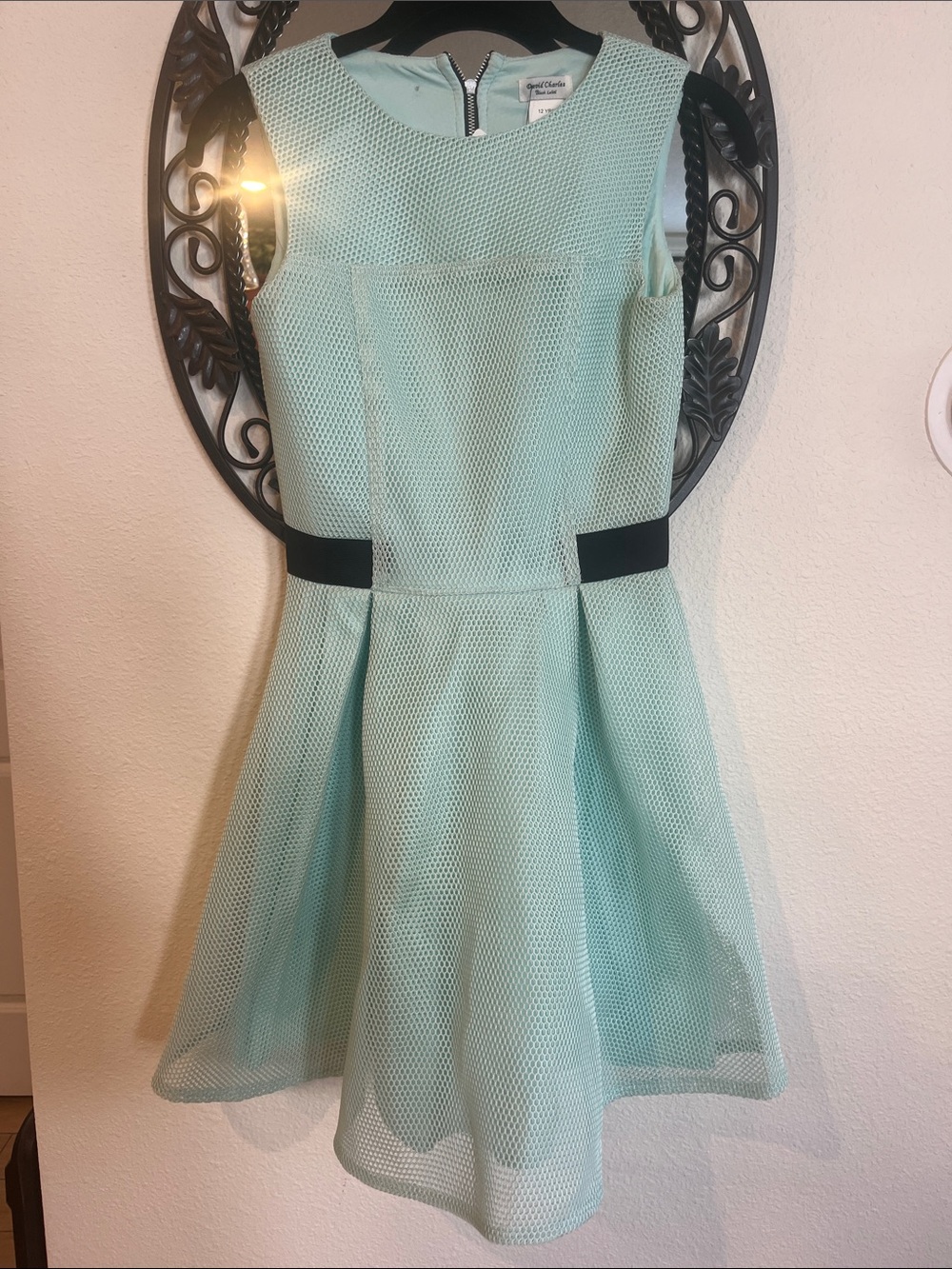 Girls Mint Green Sleeveless Fit-and-Flare Dress with Black Waist Detail